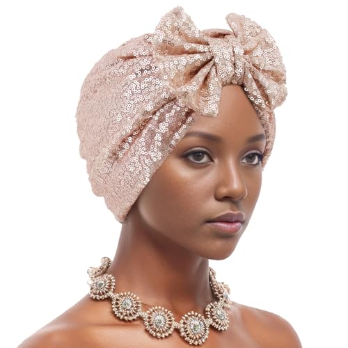 Erinaco Women Sparkle Sequin African Turban Bow Knot Pre-Tied Cap Pleated Ruffle Bonnet Beanie Hat Headwrap Skull Caps - color: Champagne Sequin
