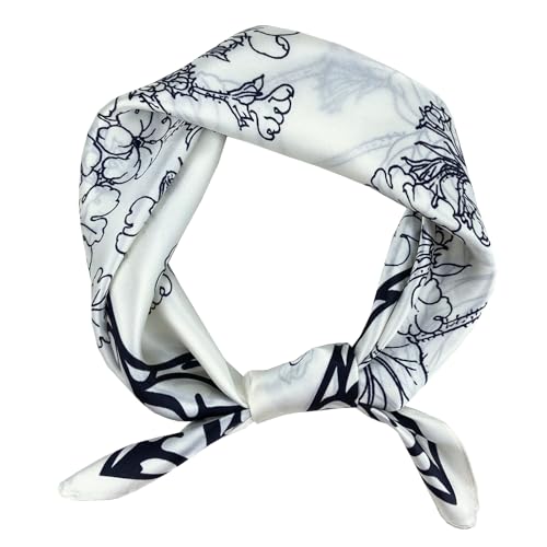 Women's Small 21 inch 100% Silk Scarf Bandana for Head Neck Hair | 100% Mulberry Silk Lightweight Designs Gift-Ready Packaging For Hair Fashion 21"x21" Printed - color: 105white Black