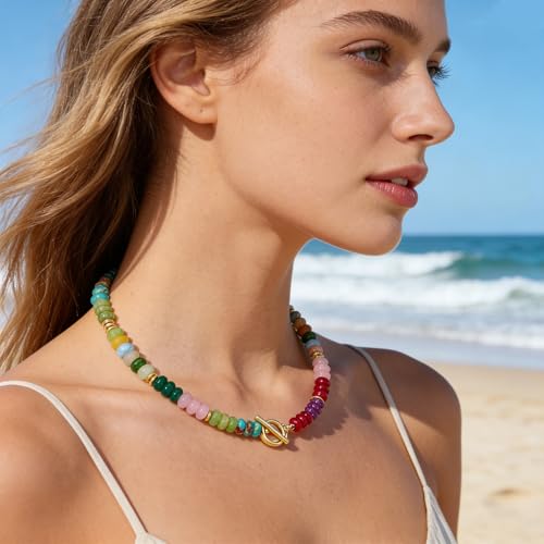 Colorful Beaded Necklace for Women Gemstone Bead Chokers Toggle Boho Natural Stone Surfer Necklaces Summer Beach Jewelry - color: A-Rainbow