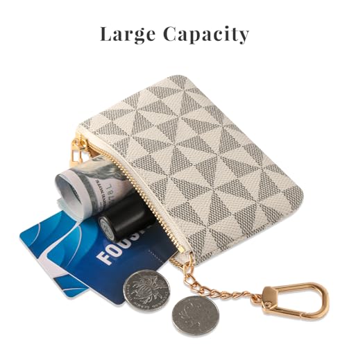 Leather Coin Purse for Women with KeyChain Small Zipper Change Purse coin Pouch Card Holder Wallet Clutch for Women & Men (White) - color: White