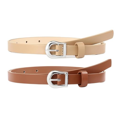 HOTWILL 4 Pack Women Skinny Belts for Jeans Dress Thin Waist Belt for Ladies - color: Silver Buckle a Black Beige Brown White, size: Small