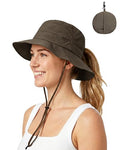 Womens Ponytail Sun Hat Packable UPF50+ Waterproof Bucket Hat Hiking Fishing Safari Hat Foldable Beach Hat - color: Coffee