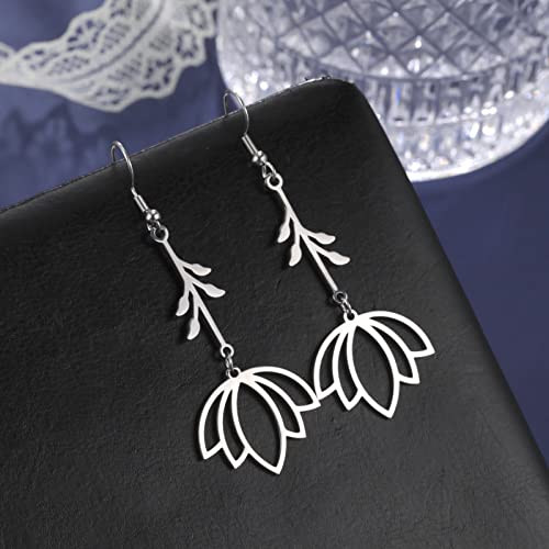 TEAMER Stainless Steel Lotus Flower Dangle Earrings Bohemian Drop Earring Unique Geometric Jewelry for Women - color: Lotus 1-Steel Color