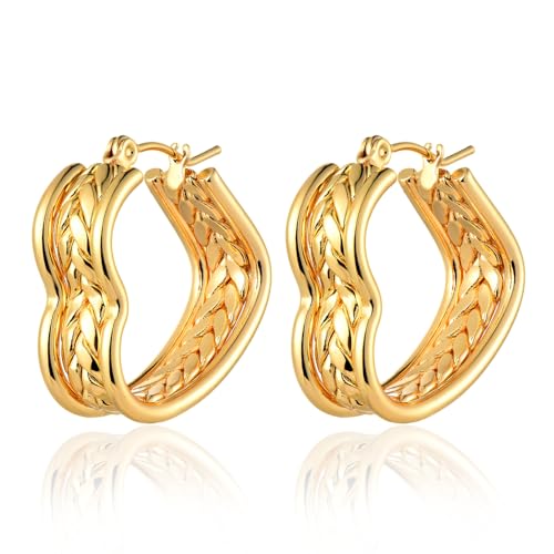 Gold Color Hoop Earrings for Women, Stainless Steel Wide Band Hoop Earrings with Twisted Rope Design, Womens Fashion Statement Dangle Earrings with Engraved Wheat Pattern - style: Heart