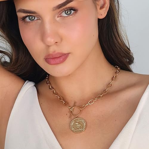 POMINA Chunky Thick Coin Necklace Trendy Fashion Statement Toggle Necklace Worn Gold Tone Pendant Thick Link Chain Layered Pearl Necklace - color: Coin_Worn Gold