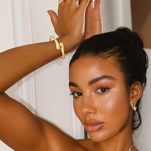 Chunky Gold Bangle Bracelets for Women Trendy 14K Gold Plated Cuff Bracelets Stack, Dainty Gold Bracelet Sets Non Tarnish Fashion Jewelry Gift - style: 1pc-Gold-TwinDrop