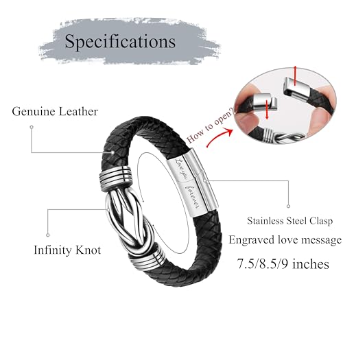 Gift for Men Black Braided Leather Infinity Bracelet for Men Dad Husband Boyfriend Son Grandson Brother Nephew Uncle Forever Linked Together Stainless Steel Engraved with Love You Forever Jewelry 7.5|8.5|9 Inches - color: To My Grandson-Never Forget how m