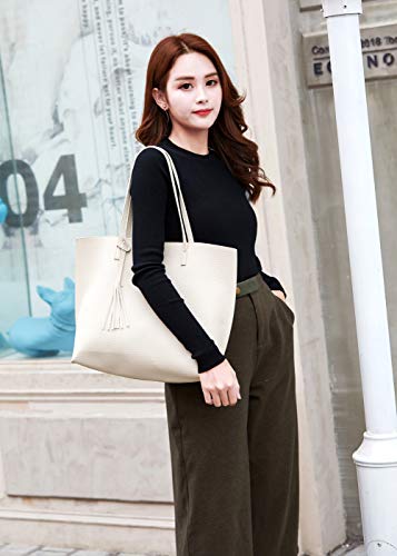 Dreubea Women's Soft Faux Leather Tote Shoulder Bag from, Big Capacity Tassel Handbag - color: Beige