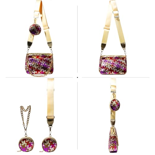 Handmade Woven Small Crossbody Bag for Women with Coin Purse, Designer Shoulder Handbag 3pcs Set, Mini Tote Clutch - color: Rose Multicolor