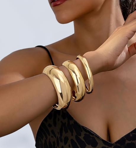 Chunky Gold Bangle Bracelets for Women, Dainty 14k Gold Plated Big Stackable Bangles Set, Trendy Cuff Bracelet Stack Fashion Jewelry Gifts - style: A1-gold