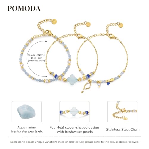 Beaded Bracelets Set for Women Stackable Healing Layered Bracelets Stack 3PCS Aquamarine Gemstone Crystal Dainty Boho Summer Jewelry for Women Natural Stone 14k Gold Plated - color: Aquamarine