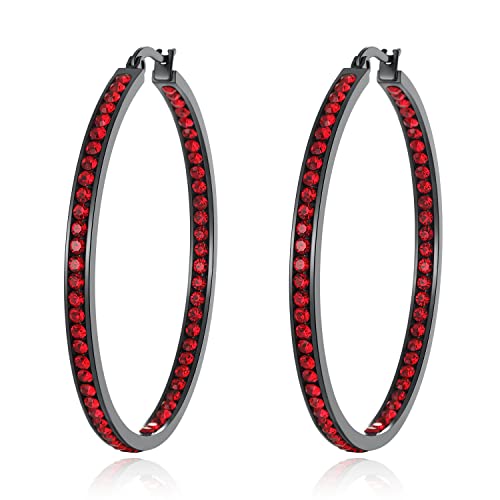 CiNily Mult-colors Crystal Stainless Steel Hoop Earring for Women Hypoallergenic Jewelry for Sensitive Ears Large Big Hoop Earrings 2" - color: Black Gold-Red