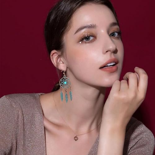 Boho Turquoise Drop Earrings Retro Long Copper Feather Tasse Metal Leaf Dangle Earrings Vintage Country Western Jewelry Cowgirl Ethnic Style Geometric Concert Festival Accessories for Women - color: Green Feather Tassel