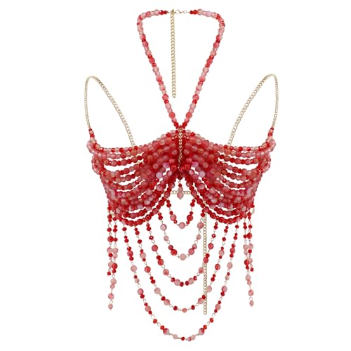 Handmade Beads Body Chain, Mermaid Top Rave Outfit Body Jewelry, Mermaid Costume, Beaded Bra Bralette Bead Waist Body Jewelry for Women for Boho Festival Clubbing - color: red