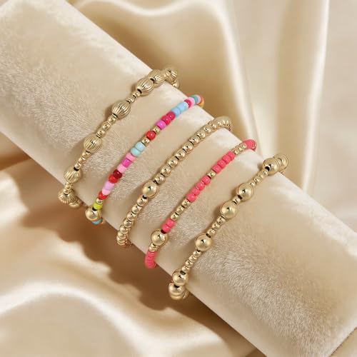 VIBILIA Gold Beaded Bracelets Set for Women 14K Gold Plated Dainty Pearl Cross Bracelet Stack Stretch Bracelet Set Fashion Accessories Gifts - color: 5P-XY-3798-Color
