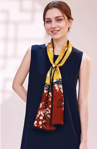 ANDANTINO 100% Silk Scarf for Women 59”*6.3” Long Shawls for Headscarf and Neck- Oblong Hair Wraps with Gift Packed - color: Yellow&red