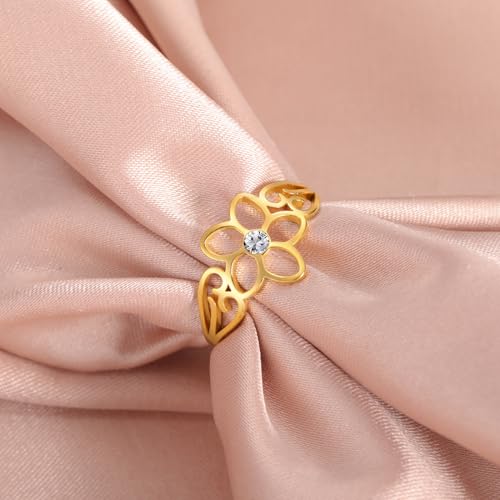 TEAMER Bohemian Hollow Flower Ring Stainless Steel Rhinestone Flower Ring Wedding Band Ring Exquisite Jewelry for Women - color: Gold - Flower With Rhinestone