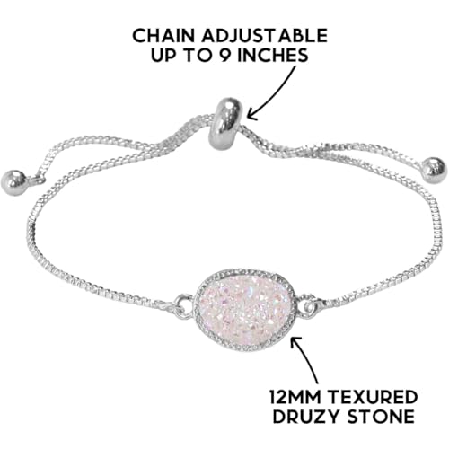 Humble Chic NY Simulated Druzy Chain Bracelet for Women - Boho Stackable Adjustable Bolo Slider Bracelet - color: Silver - White Created Opal