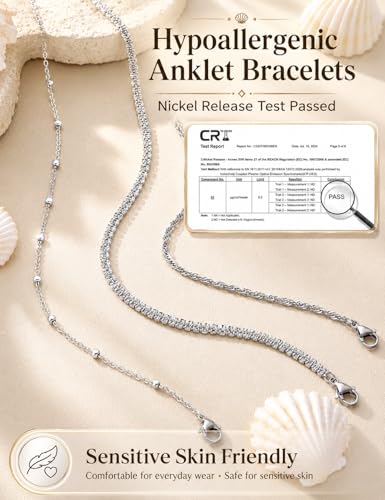 LOYALLOOK Ankle Bracelets for Women Waterproof, 14K Gold Plated Cuban Figaro Link Chain Beaded Anklets Set, Dainty Layered Anklets for Women Non Tarnish Summer Beach Foot Jewelry Adjustable Size - color: 3Pcs Anklets-Silver
