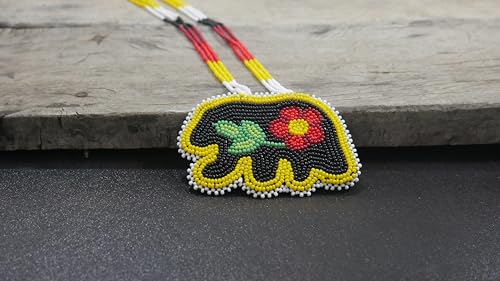 Handmade Native American Style Tribal ethnic Seed Bead Beaded Layered Medallion Necklace #1 - color: Yellow Black Flower Bear