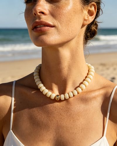 Chunky Beaded Statement Necklace for Women Trendy Colorful Boho Resin Bead Choker Necklaces Summer Handmade Jewelry Gifts Accessories - color: White -1