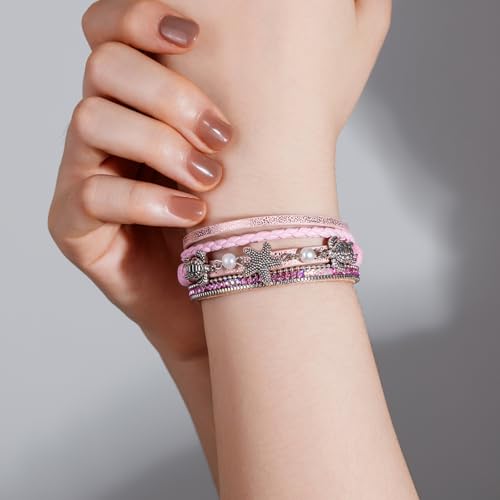 FANCY SHINY Turtle Starfish Leather Wrap Bracelet Boho Rhinestone Pearl Cuff Bracelets for Women Summer Beach Jewelry for Women - color: Pink