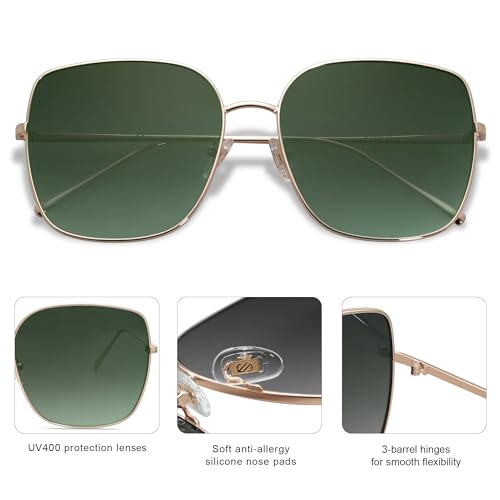 SOJOS Trendy Oversized Square Metal Frame Sunglasses for Women Men Retro Big Flat Lens UV Protection Sunglasses SJ1146 - color: Gold/Gradient Greyish-green