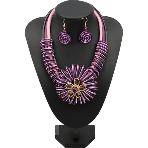 Ethnic Crystal Rhinestone Pendant Necklace Earrings Set Women Handmade Tribal Collar Choker Chunky Metal Bib Rope Chain African Statement Jewelry Set - color: NXR1418-purple