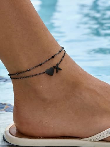 Silvora Ankle Bracelets for Women Waterproof 14K Gold/Silver/Black Initial Anklet for Women Dainty Layered Heart Ankle Bracelets Stainless Steel Adjustable Foot Chain Anklet Summer Beach Jewelry - color: Black-Stainless Steel, size: 24.X