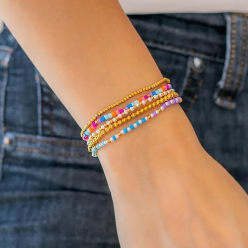 14K Gold Plated Beaded Bracelets Stack Set for Women,Stretch Boho Colorful Beads Ball Jewelry Friendship Summer Trendy - color: Colorful