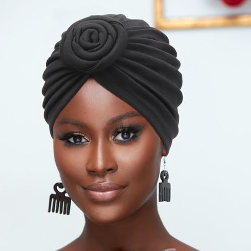 DRESHOW 5 Pack Knotted Headwraps for Women African Turban Pre-Knotted Beanie Headwraps Hair Covers - color: 5 Pack Donuts: Blue, Lake Green, Pink, Grey, Black