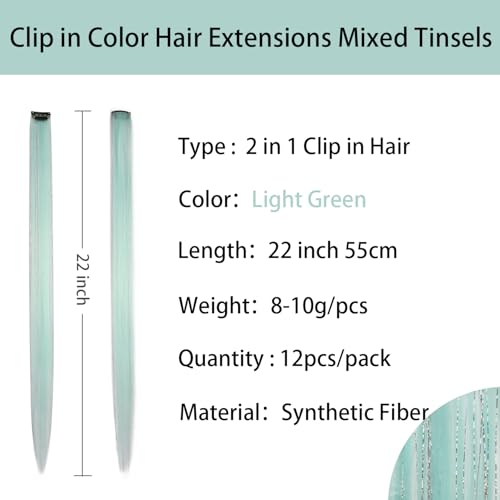12pcs Clip in Mint Green Hair Extensions, 22 Inch Rainbow Hair with Silver Tinsels, Colorful Party Highlights for Women - color: Mint Green