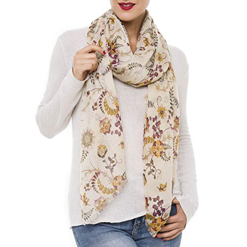 MELIFLUOS DESIGNED IN SPAIN Scarf for Women Lightweight Floral Flower Scarves for Summer Fall Shawl Wrap - color: Barcelona Collection 6 - Beige Elegant Flower