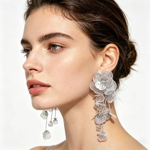 Gold Silver Filigree Floral Dangle Earrings for Women, Long Drop Statement Earrings for Vintage Wedding Jewelry - style: Silver Long Floral Earrings
