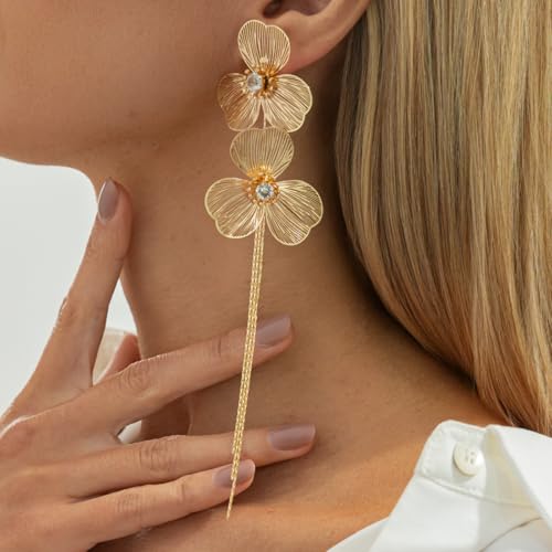 Boho Gold Flower Drop Dangle Earrings for Women Rhinestone Floral Leaf Chandelier Earring Layered Long Tassel Statement Floral Earring Prom Brides Wedding Party Fashion Jewelry Accessary - color: Gold