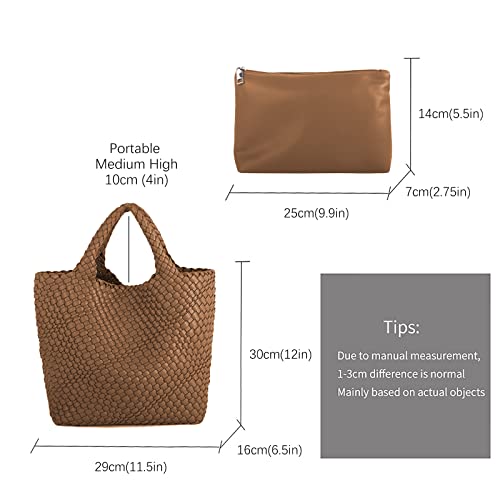 Hand Woven Bag Tote BagS For Women Top Handle Shoulder Vegan Leather Large Travel Beach Hobo Handbag - color: Brown-a