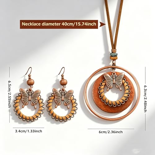 Wooden Leather Necklaces Set Bohemian Wood Stack Discs Long Chain Hemp Rope Bronze Plated Pendant Ethnic Tribal Fall Leaf Earrings Jewelry Statement Necklace - color: R-033