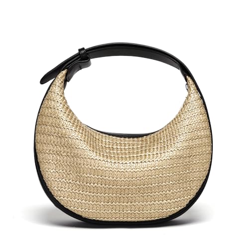 Herald Straw Crossbody Bag for Women Beach Woven Hobo Handbag Summer Chic Crescent Shoulder Purses with Adjustable Strap - color: Black