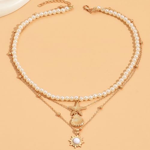 Shell Starfish Necklace for Women Pearl Beach Boho Layered Necklace Charm Accessories Summer Vacation Outfit 2026 - color: B9:starfish shell charm necklace