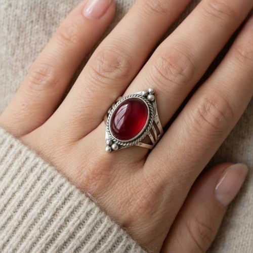 Handmade 925 Sterling Silver Plated Ring Natural Gemstone Carnelian, Rose Quartz, Tiger Eye, Crystal Oval Boho Jewelry For Women - color: Garnet Quartz