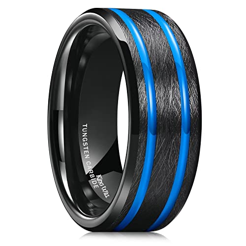 King Will Mens Tungsten Rings for Men Two Tone Grooved Mens Wedding Band Cool - color: Black & Blue Two Groove 8mm