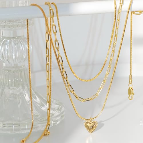 6PCS Layered Gold Necklaces for Women Trendy, 18K Gold Plated Cross Pendant Necklace Set, Vintage Chunky Gold Necklace Stack for Women Jewelry Gifts - style: 3PCS Layered Heart Necklace