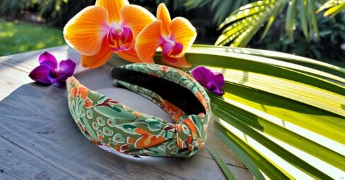 Headbands for Women Year-round Watercolor Print Floral Pattern Green Orange, Colorful Flower Satin Womens Head bands, Silk Feel, Soft Fabric, Knotted Headband Fashion Designer Top Knot Girl - color: Green/Orange Watercolor Flower