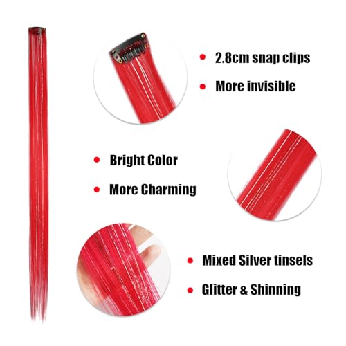 12pcs Clip in Red Hair Extensions, 22 Inch Rainbow Hair with Silver Tinsels, Colorful Holiday Party Highlights for Women - color: Red