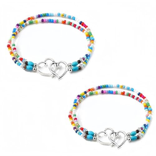 Ankle Bracelets for Women Waterproof Elastic Heart Anklet Stretchy Ankle Bracelets Colorful Beaded Anklets Boho Ankle Bracelets Silver Beach Anklet Jewelry Accessories for Summer - color: Black Rainbow Anklets