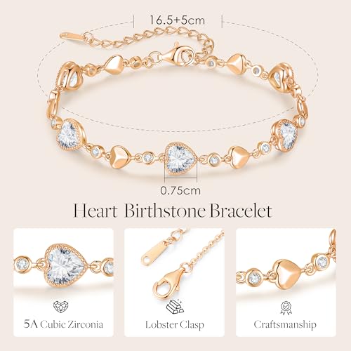 925 Sterling Silver Birthstone Heart Bracelet Jewelry Gift for Women | Rose Gold Plated Bracelets,Hypoallergenic,Adjustable Chain Personalized Anniversary Christmas Jewelry Gift for Mom Wife - color: Rose Gold-04-Apr