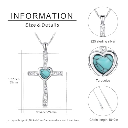 Cross Necklace 925 Sterling Silver Turquoise Christian Pendant Religious Cross Jewelry Christmas Gifts for Women Men - style: Heart