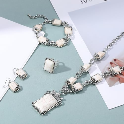 4 PCS Western Turquoise Jewelry for Women Boho Vintage Navajo Pearl Necklace Earring Bracelet Ring Set Country Cowgirl Accessories for Gift - color: H-White