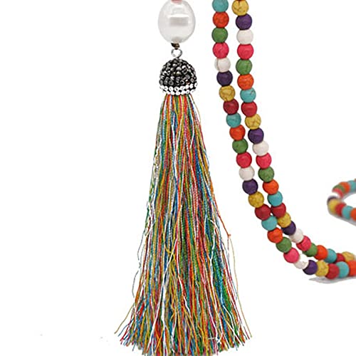 Handmade Multicolor Long Tassel Fringe Pendant Necklace Turquoise Pearl Crystal Mala Beads Necklace for Women Ethnic Boho Prayer Jewelry - color: colorful