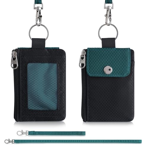 Artpaxy Minimalist Wallet For Mens Womens, Keychain RFID Blocking Zipper Small Wallet with ID Window 2 Lanyards,Water Resistant Travel Cash Card Coin Case Boys Girls - color: Green Black, style: Casual